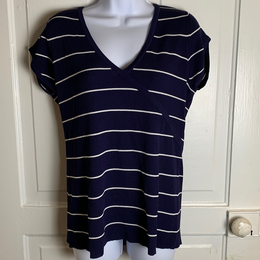 Linda Matthews V-neck Navy and White Striped Short Sleeve Sweater Size XL
